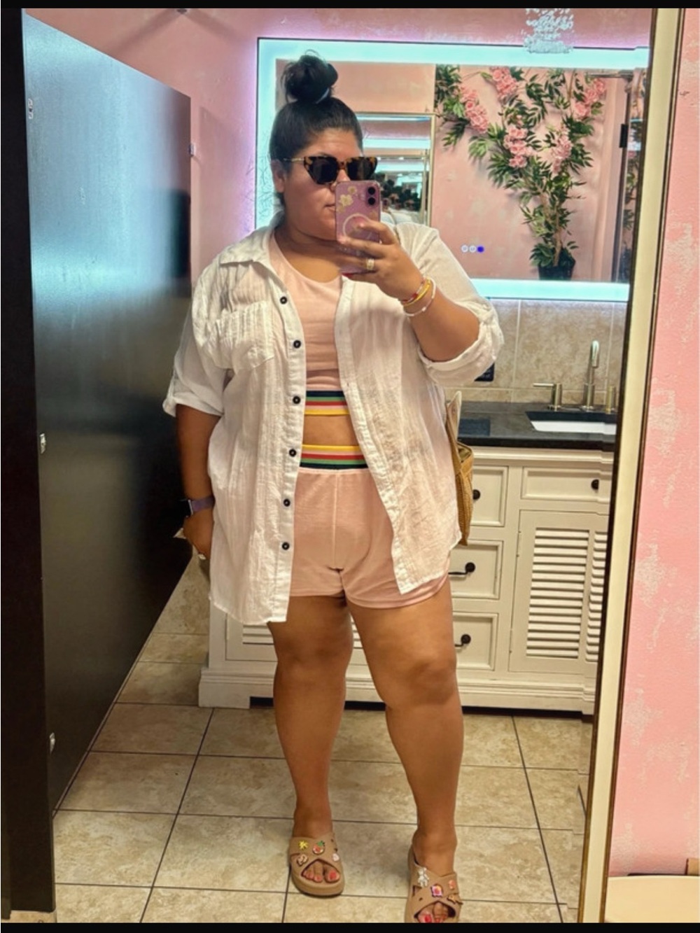 2pc set Peach Tank Crop Top with Rainbow Stripe Hem w/ shorts